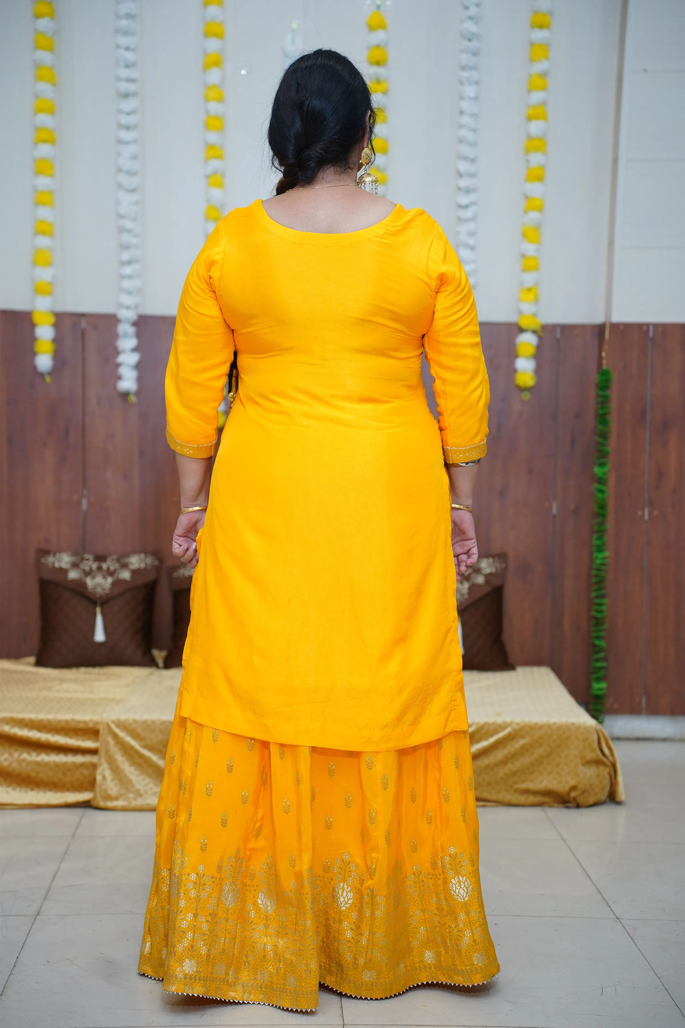 Mustard Gold Jacquard Skirt Suit