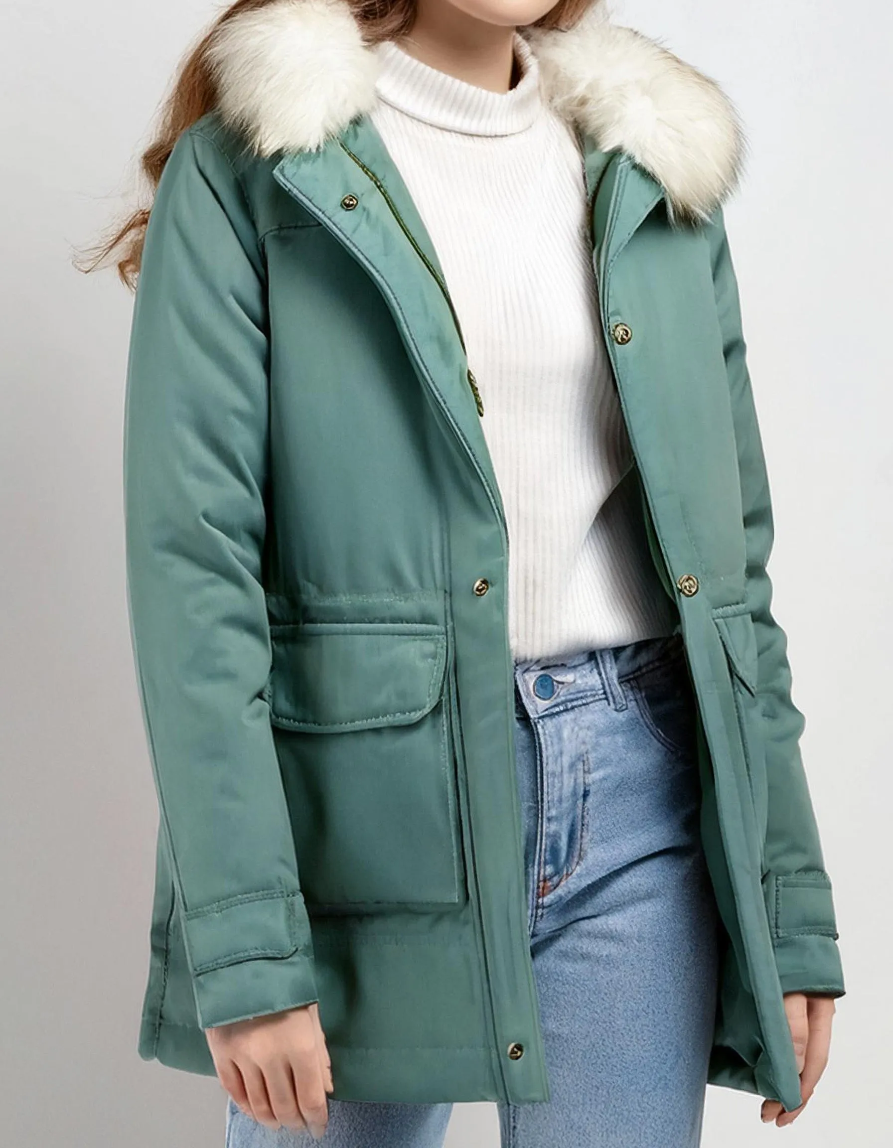 Pale Green Parka with Detachable Hood and Fur Trim