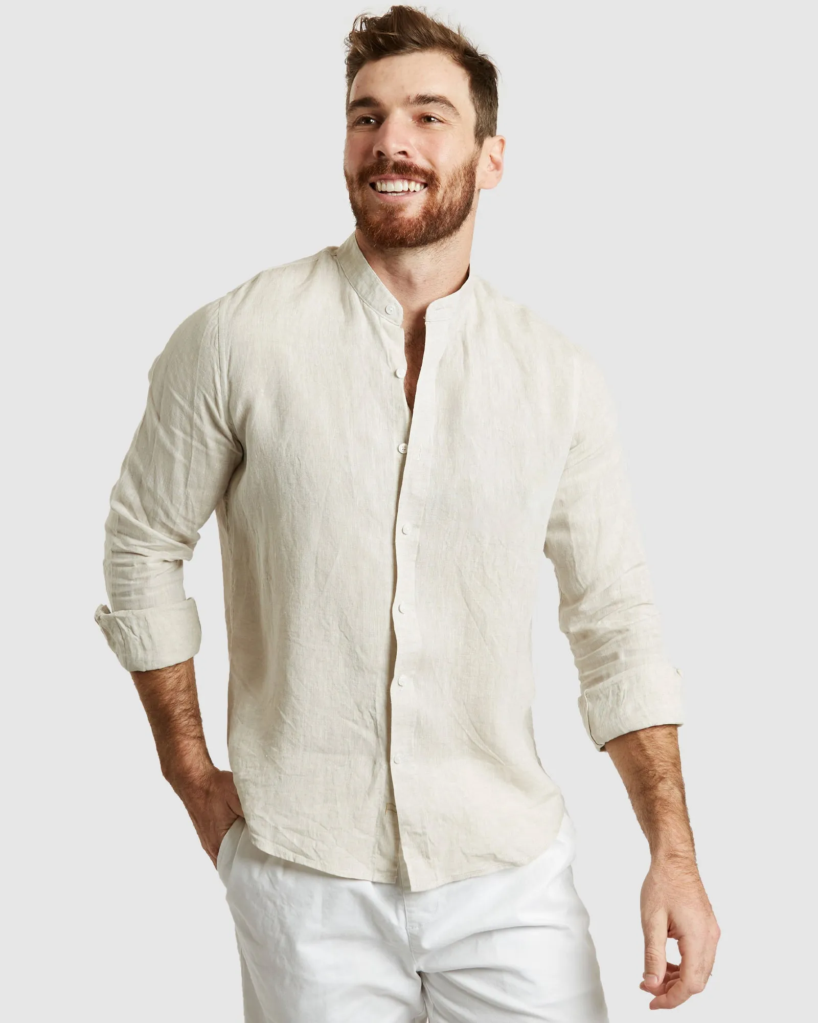 Palma-Casual Sand Mandarin Collar Linen Shirt