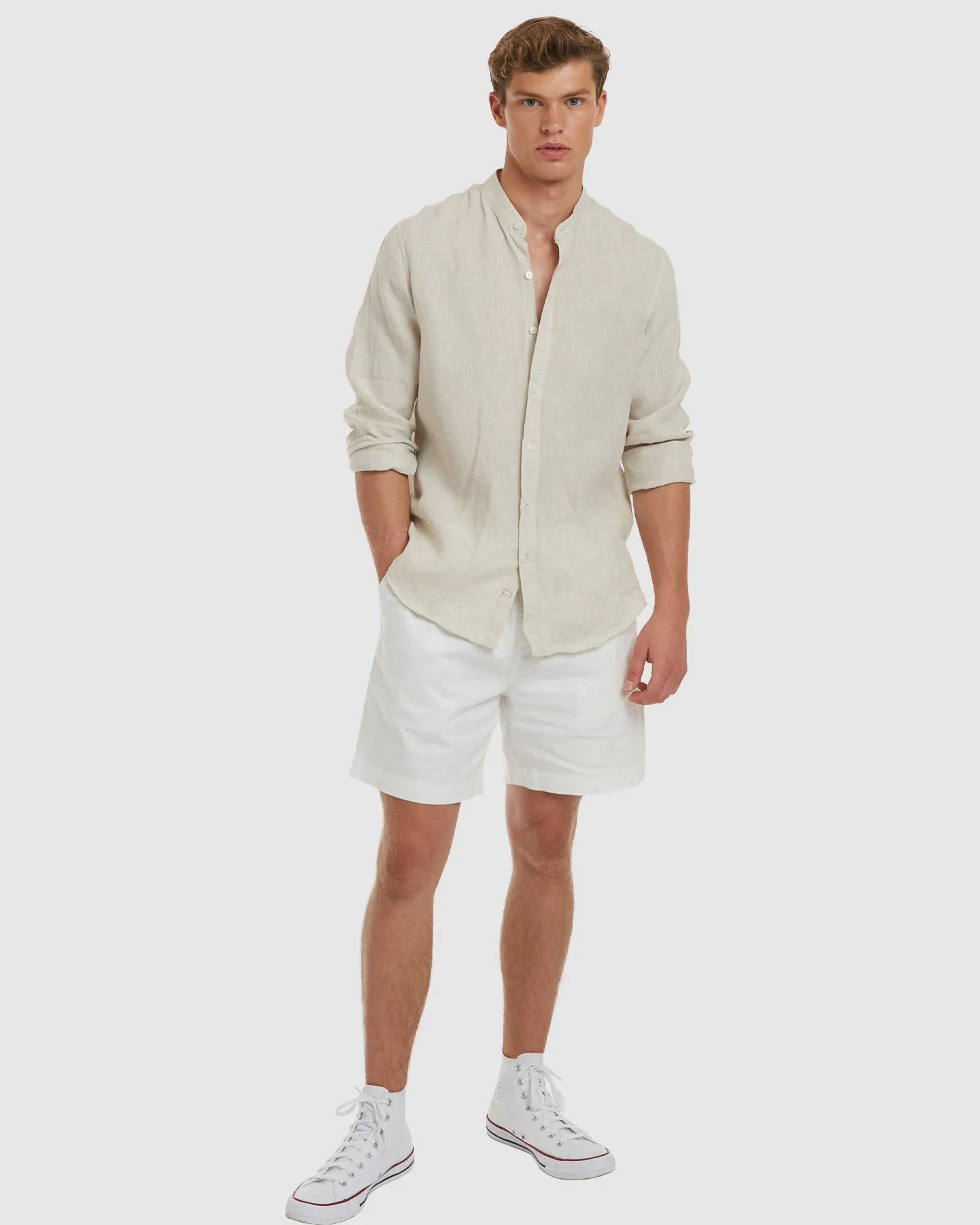 Palma-Casual Sand Mandarin Collar Linen Shirt