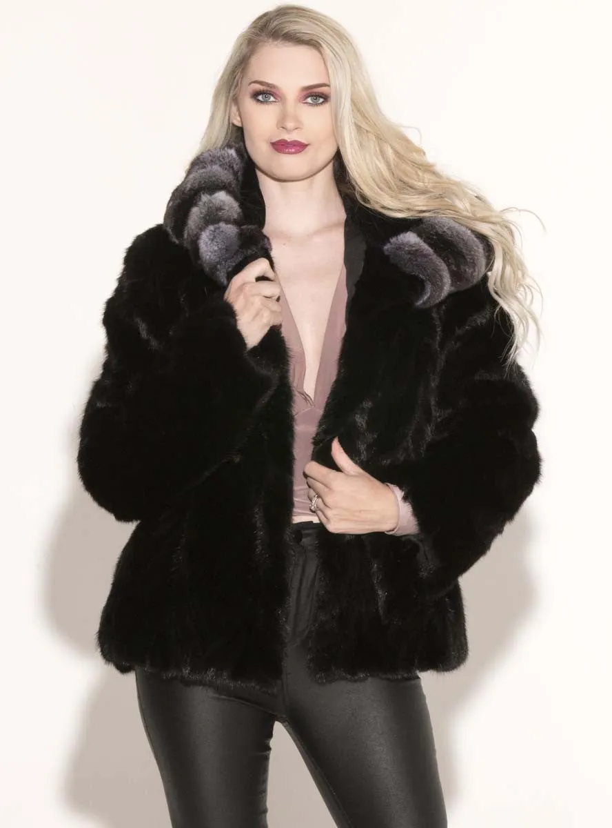 Ranch Sectioned Mink Fur Jacket with Chinchilla Fur Trim Hood