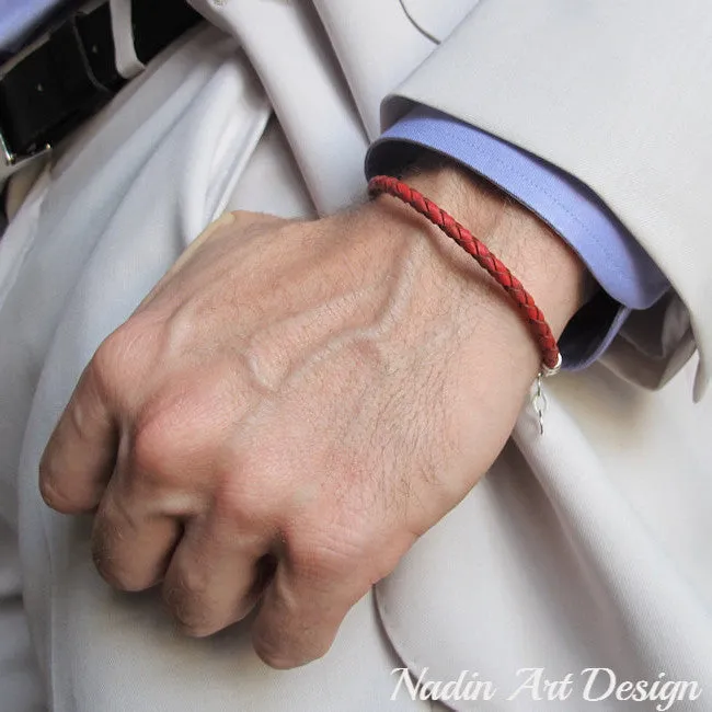 Red Braided Leather Bracelet for Men