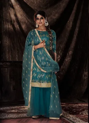 Sapphire Blue Sequence Embroidered Sharara Suit