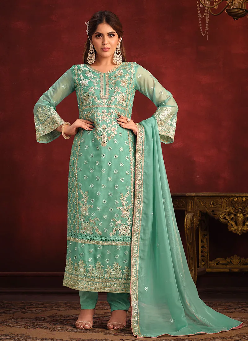 Sea Green Embroidery Designer Pant Style Suit