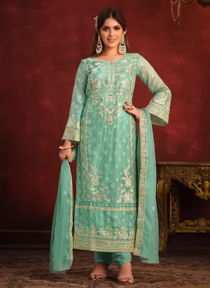 Sea Green Embroidery Designer Pant Style Suit