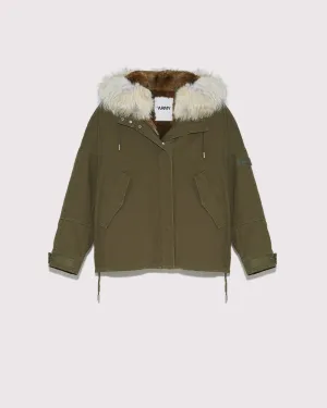 Short classic cotton parka with rabbit and coyote fur