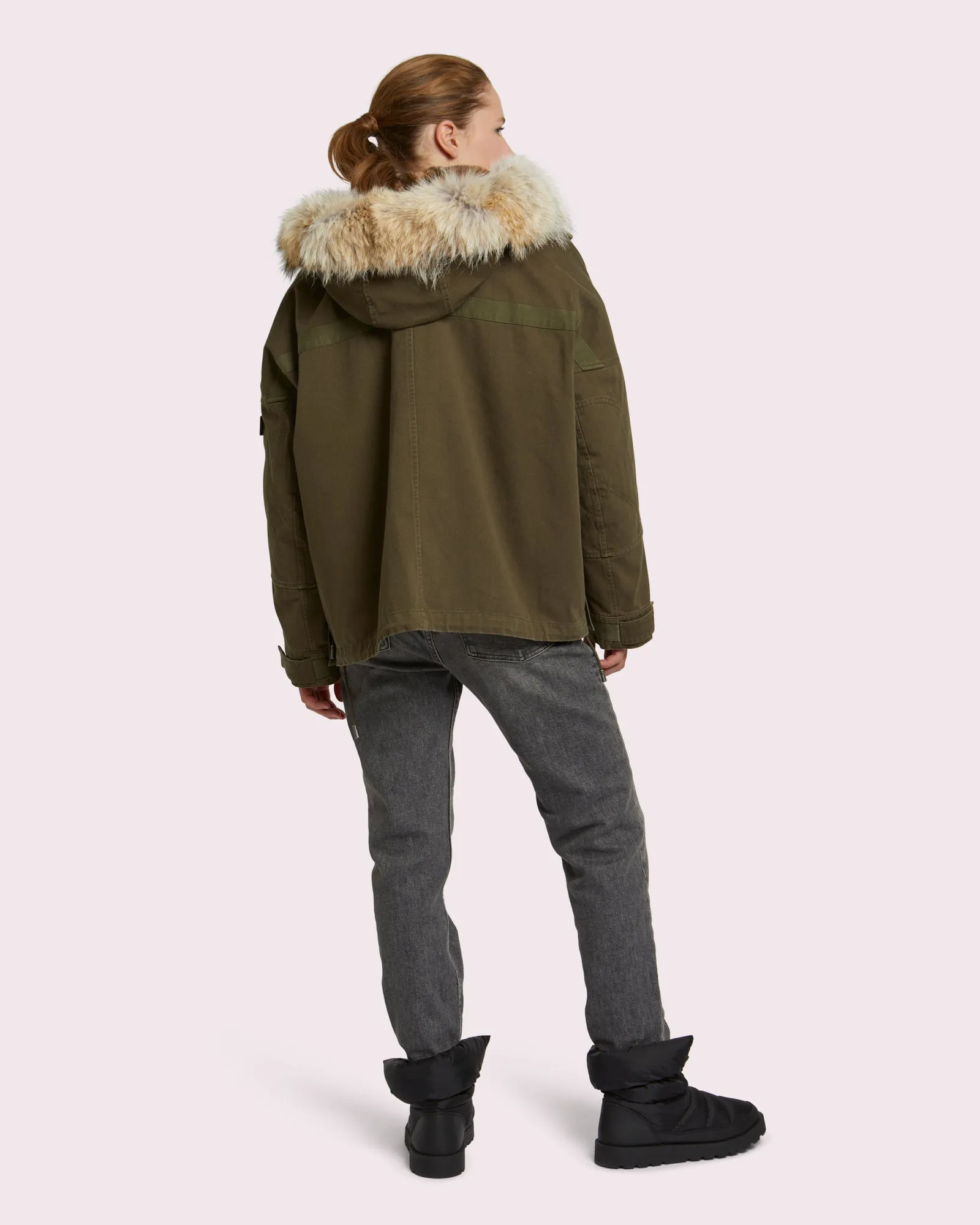 Short classic cotton parka with rabbit and coyote fur