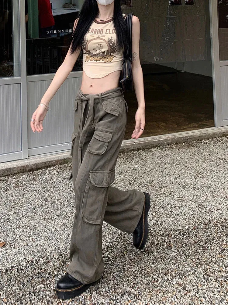 Straight American Casual Vintage Leg Multi-pocket Belted Y2K High-waisted Streetwear Pants