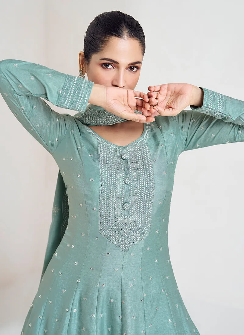 Teal Blue Sequence Embroidery Wedding Anarkali Gown