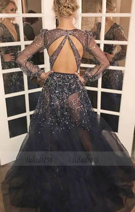 unique open back long sleeves party dresses, modest star runway long sleeves evening dresses