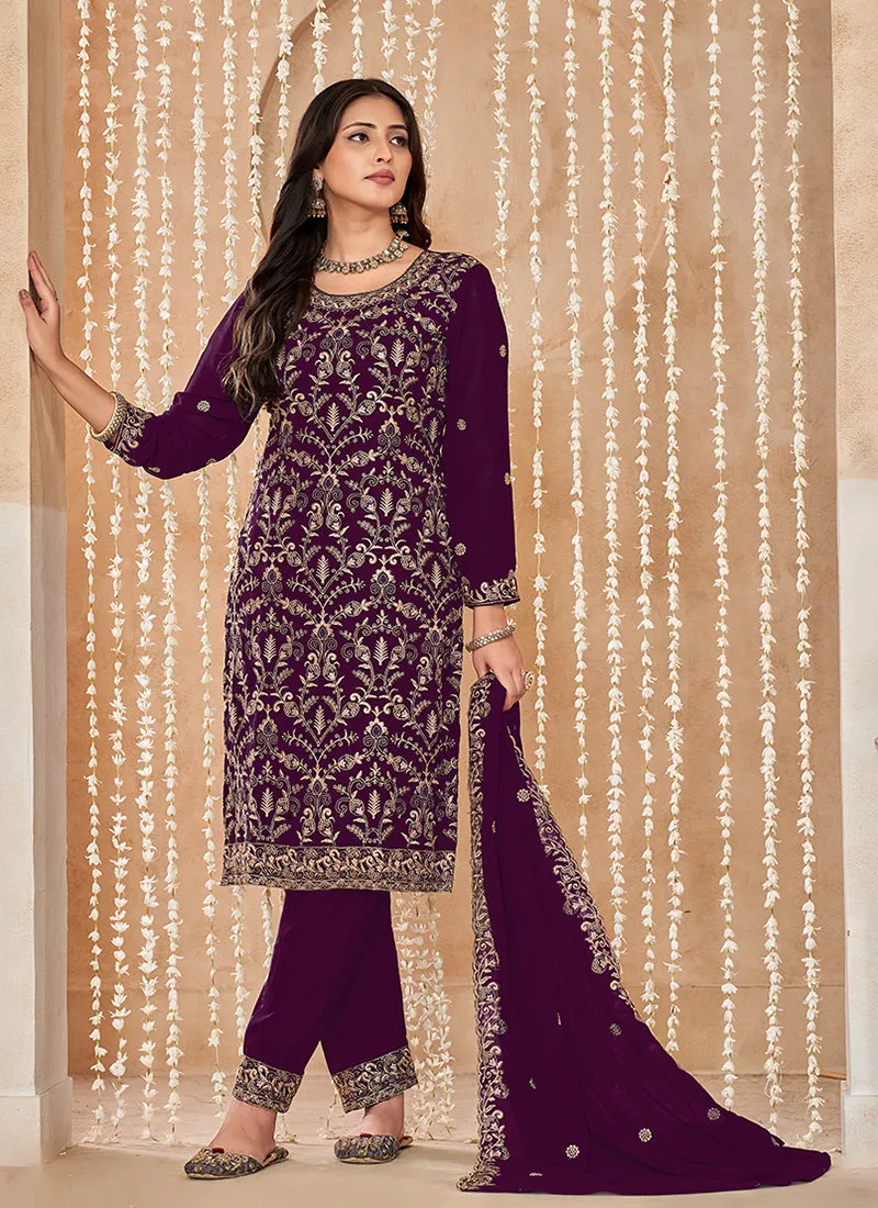 Wine Embroidered Salwar Kameez Suit