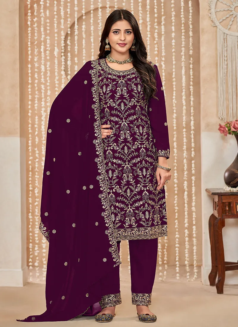 Wine Embroidered Salwar Kameez Suit