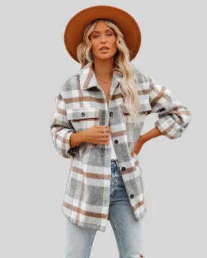 Women’s Casual Plaid Jacket  Long Sleeve Fall Shirt Jacket Coat Tops-Checkered Coat