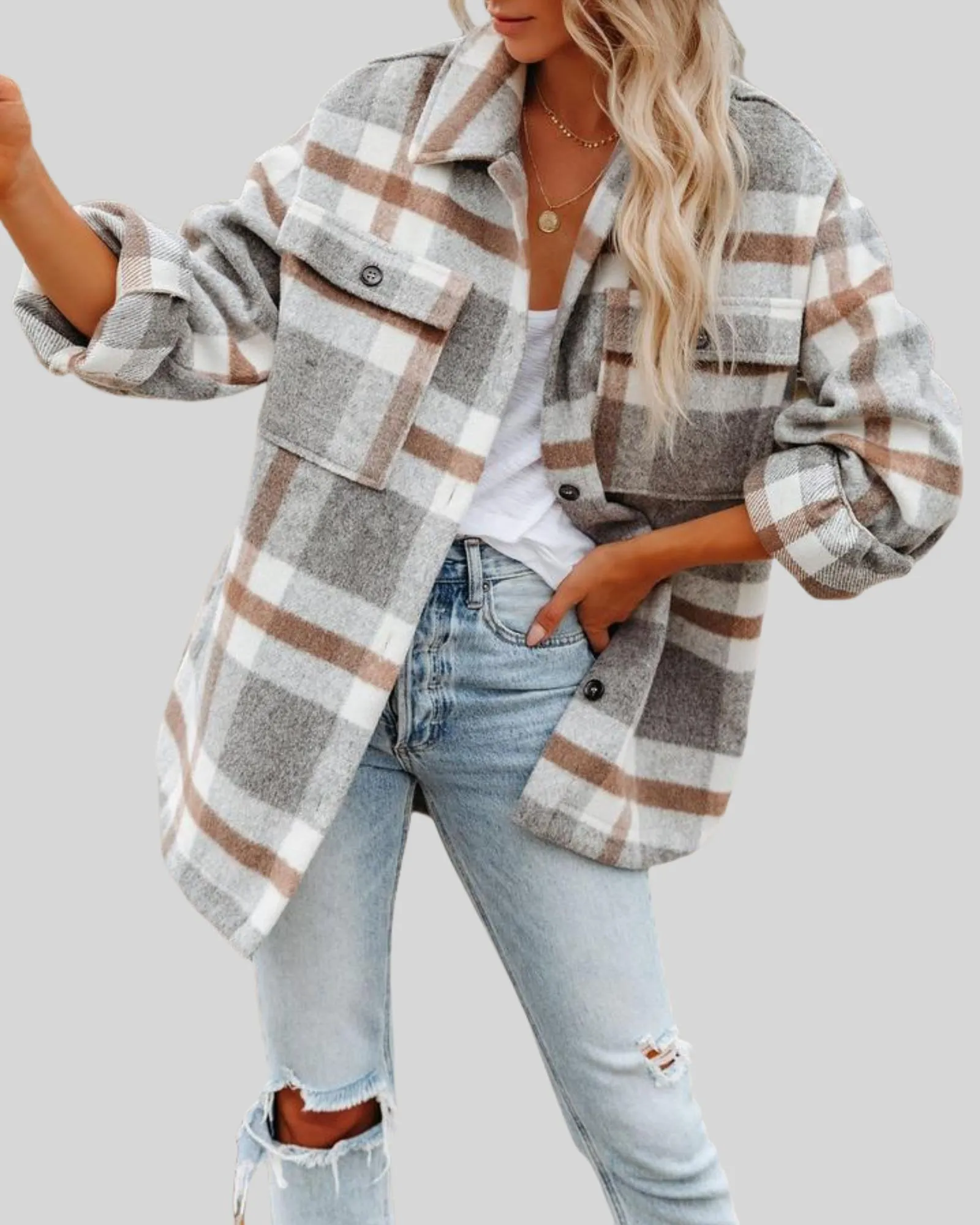 Women’s Casual Plaid Jacket  Long Sleeve Fall Shirt Jacket Coat Tops-Checkered Coat