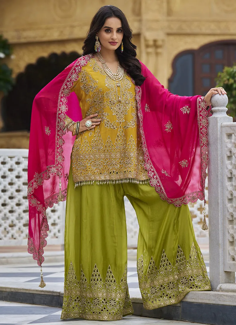 Yellow And Green Traditional Embroidery Sharara Style Suit