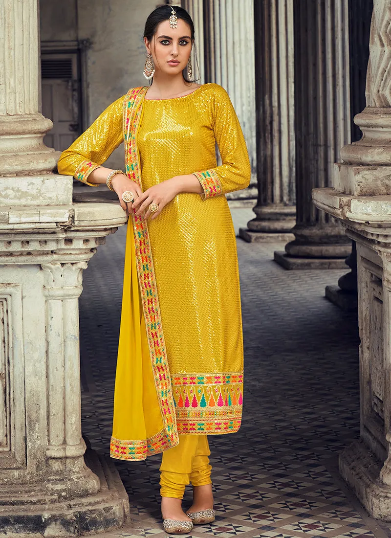 Yellow Sequence And Multi Embroidered Georgette Pant Suit